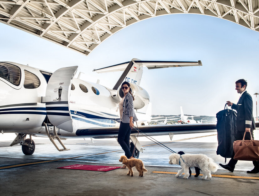 Dame mit Hunden steigt in Privatjet | © Stefano Oppo/Globe Air Dame mit Hunden steigt in Privatjet | © Stefano Oppo/Globe Air